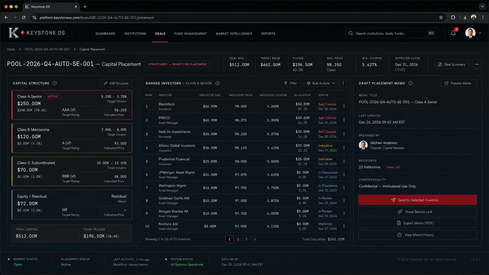 Capital Match Engine, live Keystone OS product view